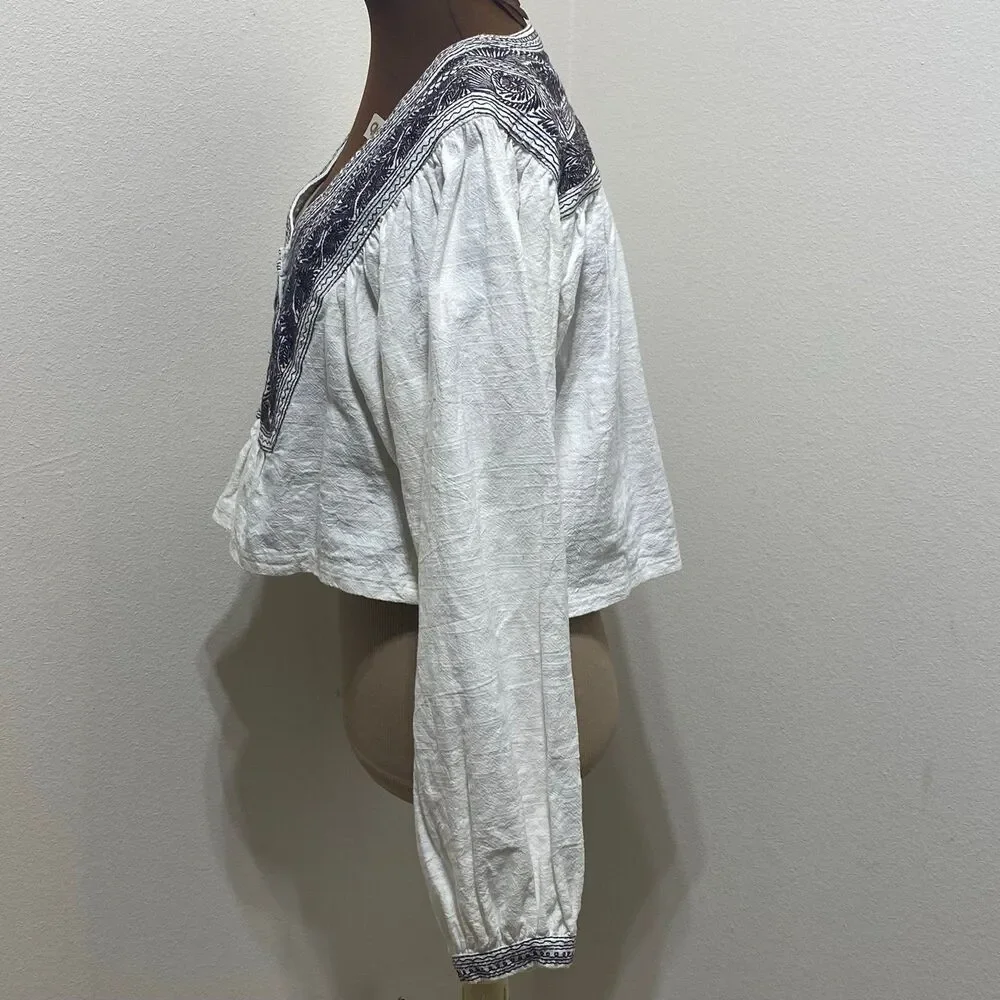 Free People Iggie Embroidered Cropped Blouse Ivory/ Black Bean Size Extra Small